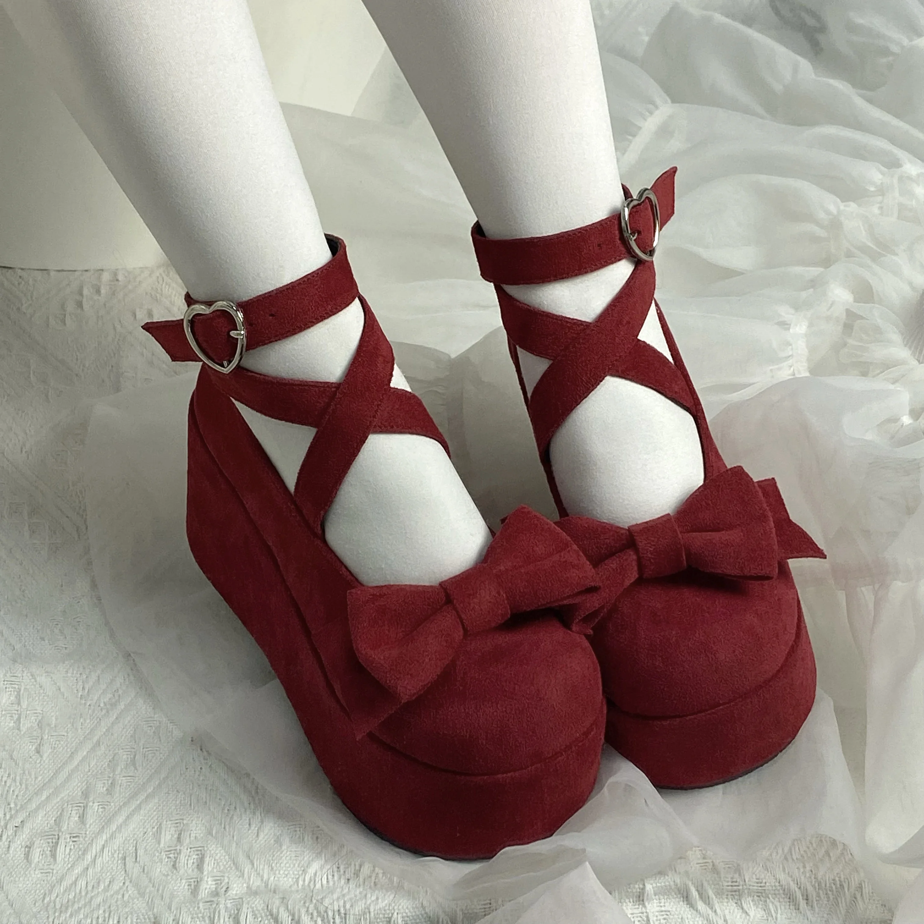 Elegant Fashion Lolita Round Toe Women High-Heeled Shoes Spring and Autumn Sweet Solid Color Velvet Cross Strap Bow High Heels
