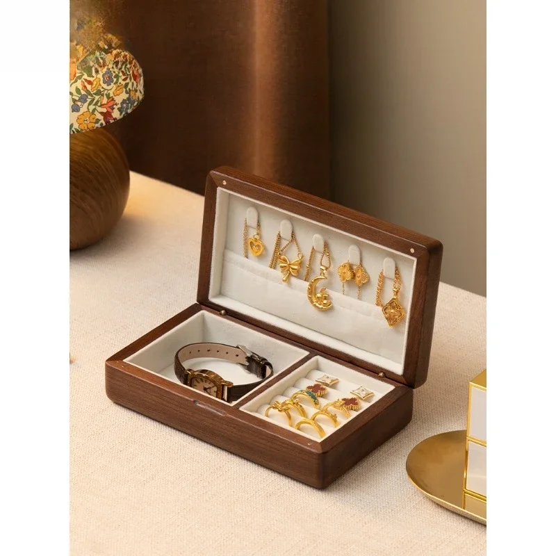 

Solid wood jewelry box storage box portable small high-end exquisite black walnut gold hand jewelry box