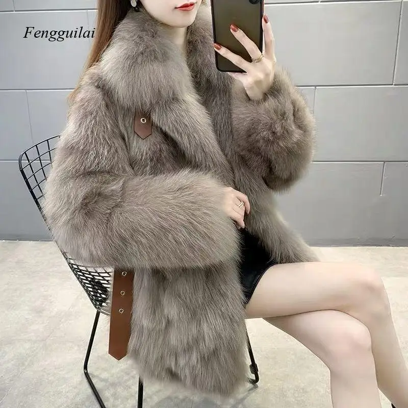 

Women's Fluffy Faux Fur Coat with Leather Strap Accents Mid-Length, Ideal for Elevating Any Outfit During The Cold Season