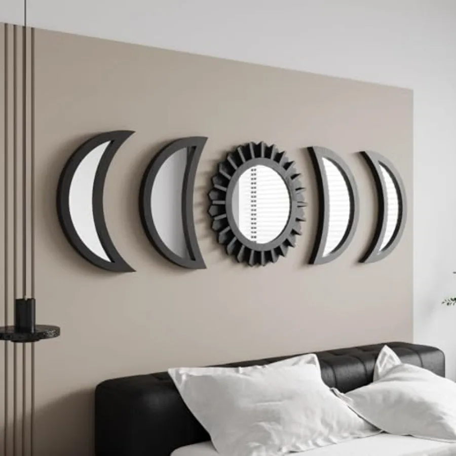 

Wall Mirror, Moon Phase Mirror Set, Wall Decor for Bedroom, Bohemian 5PCS Wooden and Real Glass Mirror with Crystal Clear Refle