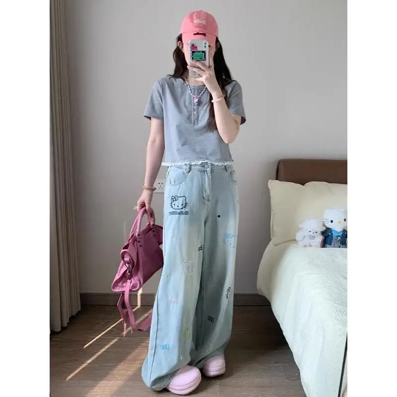 

Sanrio Kawaii джинсы Hello Kittys для девочек, широкие брюки, модные свободные брюки с высокой талией, новый стиль, удобные дышащие брюки для девочек с героями мультфильмов