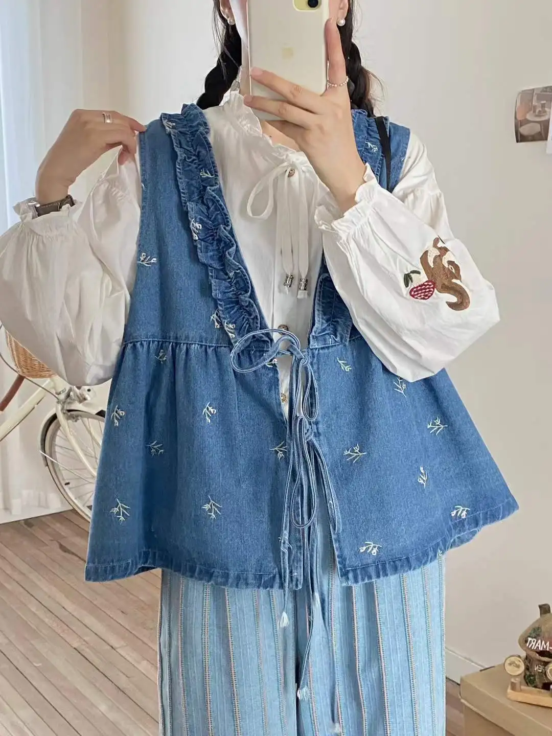 

Enianechu Mori Kei Clothing Sweet Japanese Style Denim Vest for Women Autumn Vintage Ruffled V Neck Lace-up Denim Jacket