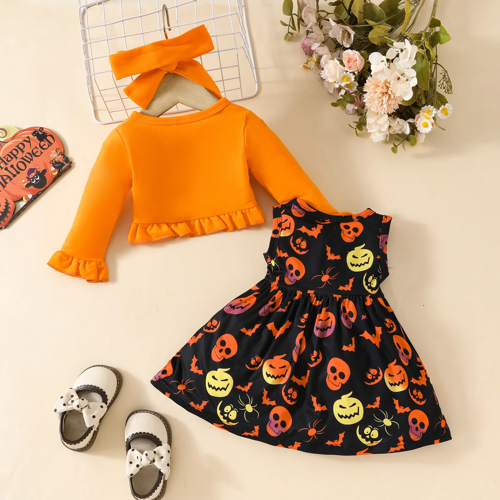 Baby Girl Halloween Dress + Shawl + Headband Set Clothes Kids Cute Ruffle Sleeve Tops Pumpkin Skull Dress 3-6-9-24-36M Trends