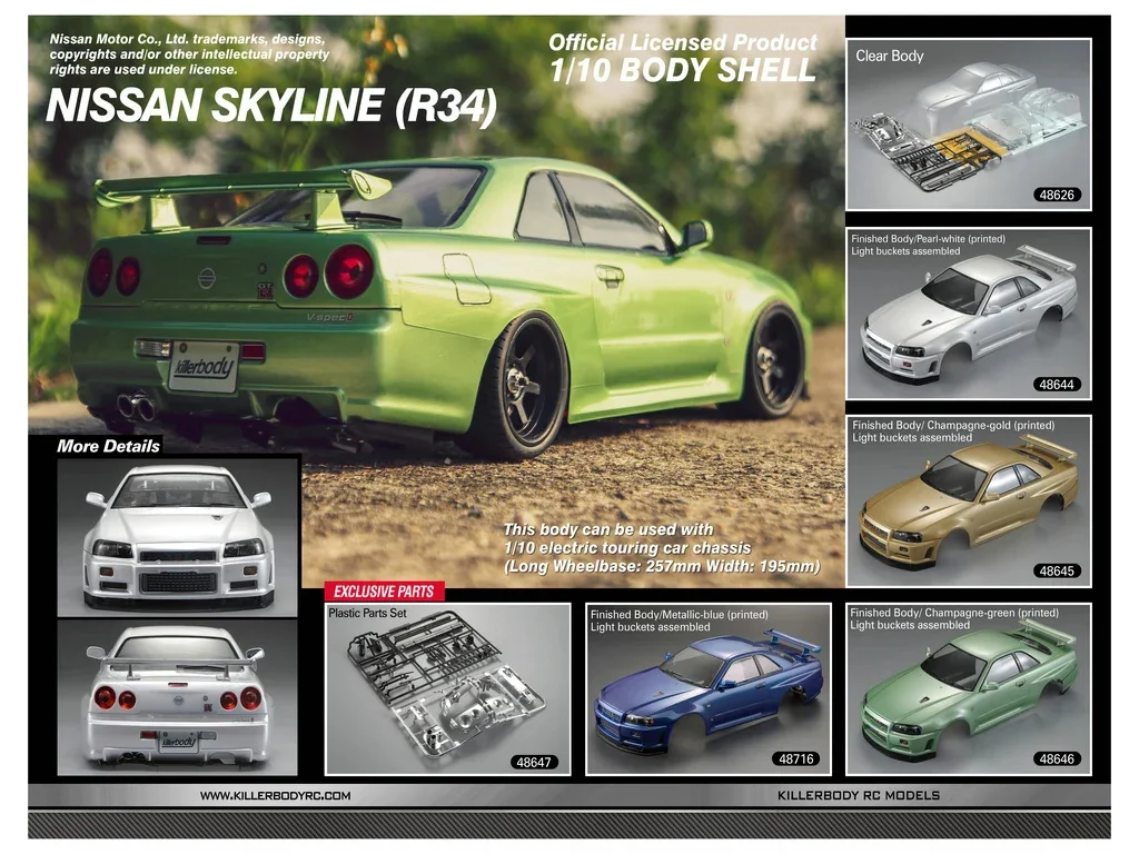 

Ширина Killerbody 195 мм, колесная база 257 мм Skyline R34, корпус автомобиля для ПК, готовый продукт, применяемый к радиоуправляемом дистанционного дрифта 1/10