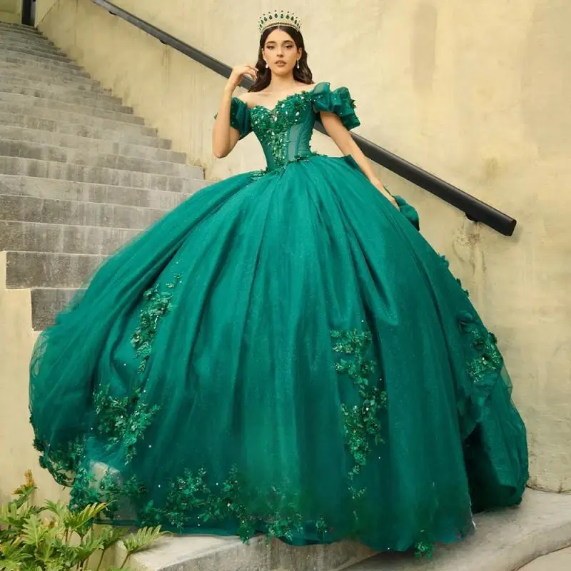 

Glamorous Ball Gowns Quinceanera Dresses for Girls Appliques Off the Shoulder Tulle Lacing Up Rhinestones Sweetheart