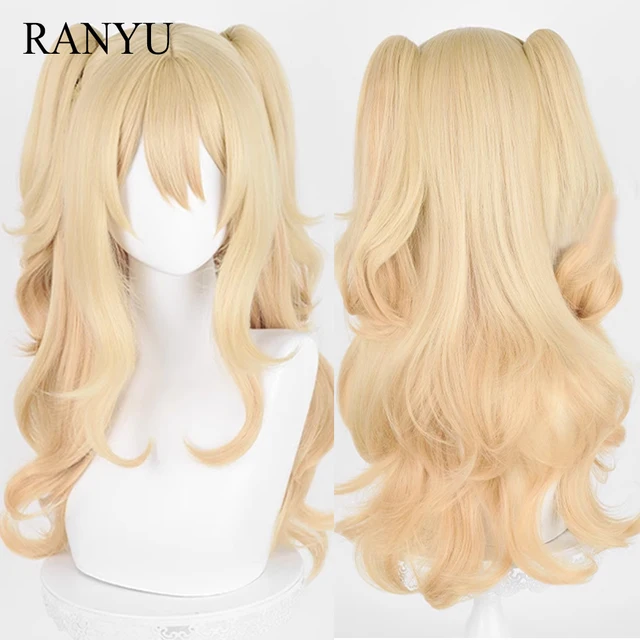 Anime Cosplay blond syntetyczne długie podwójne kucyki falista peruka z grzywką puszyste włosy damskie peruka termoodporna na imprezę
