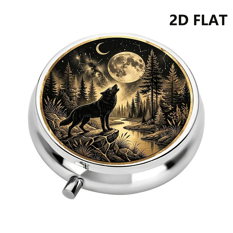 Single-piece packaging, Night Wolf Howling Forest Moonlight Pattern Box, easy to carry in a daily bag for travel, vintage metal storage box, portable vitamin storage box, sealed and moisture-proof, flat print, flat surface