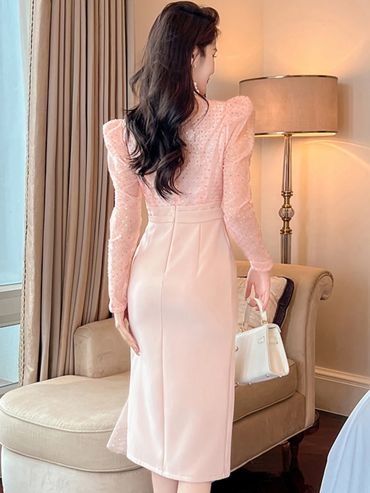 Fashion Formal Occasion Evening Dress Women Ladies Commute Sweet Chic Sequin V-Neck Wrap Hip Midi Gown Robe Mujer Vestido Fiesta