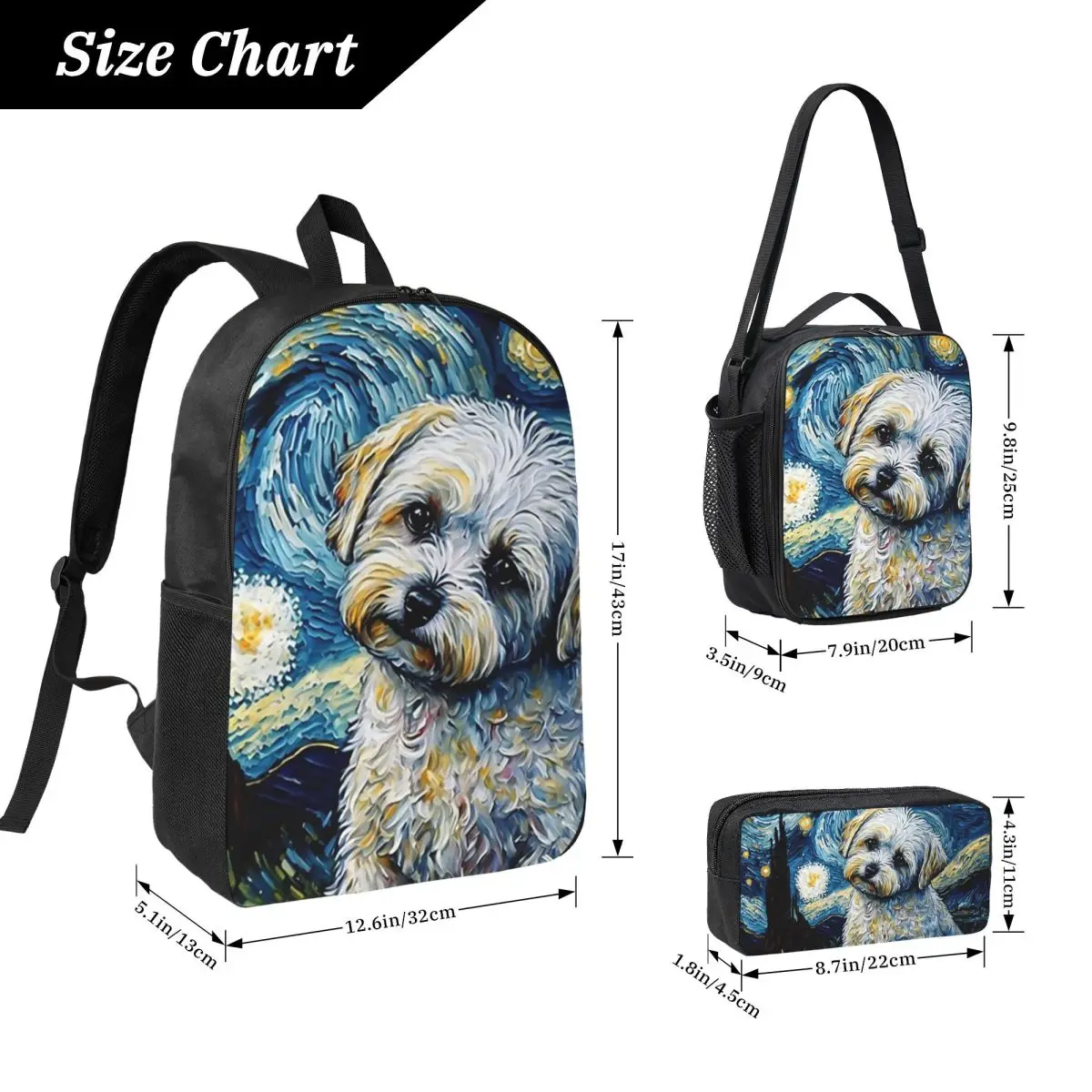 Maltese Terrier Puppy Starry Night Backpack BookBag School Bag Computer Shoulder Bags 3ps Insulated Lunch Bag Pencil Case