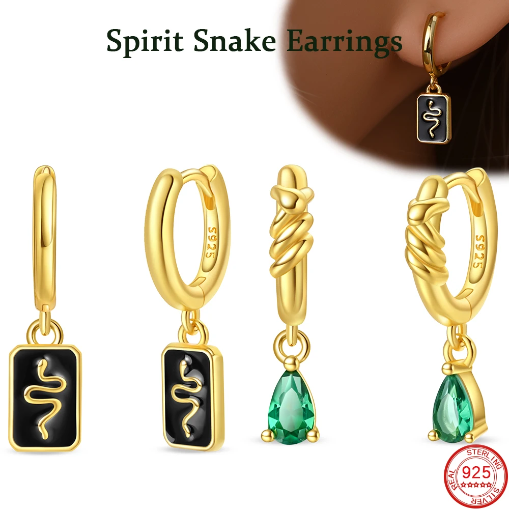 New Mysterious 925 Sterling Silver Beautiful Gold Green Spirit Snake Earrings Women's Jewelry Exquisite Birthday Party