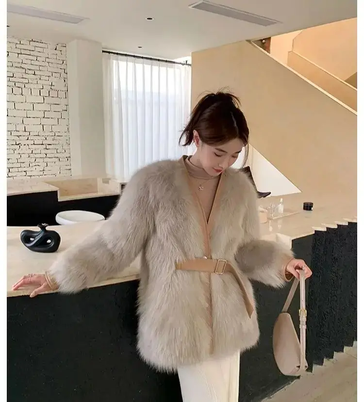 FANIECE Elegant Women V Neck Faux Fur Coat With Leather Belt Winter Plush Khaki Imitation Fur Jacket Fashion Streetwear Overcoat