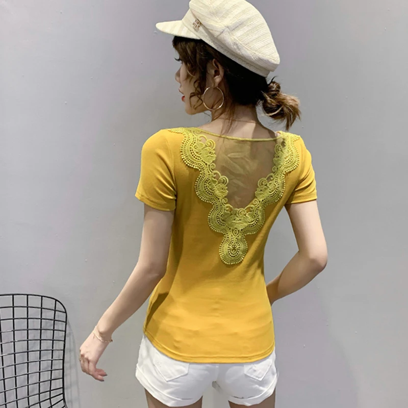 Summer European Clothes Casual T-Shirt V-Neck Shiny Diamonds Women Tops Sexy Back Patchwork Lace Mesh Drilling Hot Tees 9327