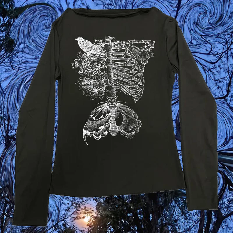 

Готическая уличная футболка с длинным рукавом в стиле хип-хоп, креативный топ с принтом черепа в стиле панк, винтажный топ Y2K, эстетика, модные женские футболки