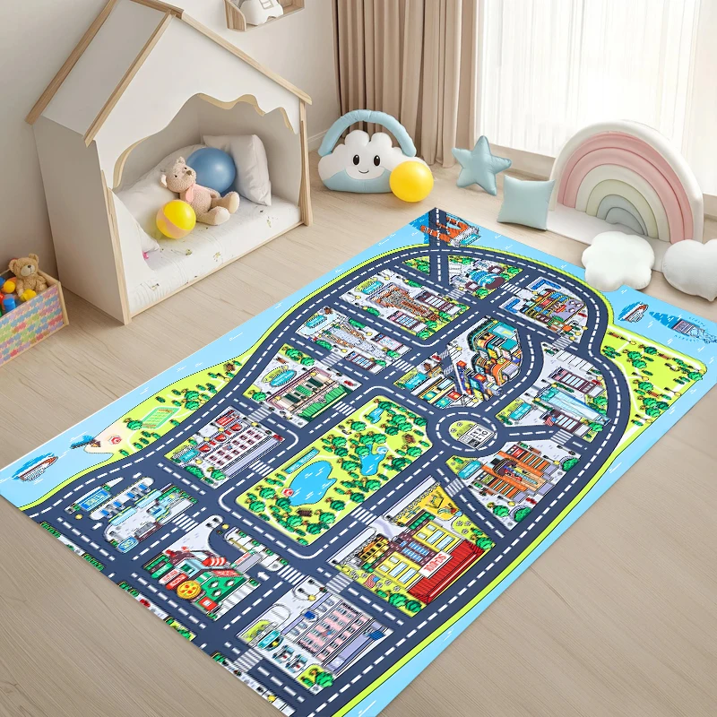 Car City Road Map Play Rug Cartoon Traffic Town Print NonSlip Floor Mat for  Toy Car Gift Rugs for Bedroom