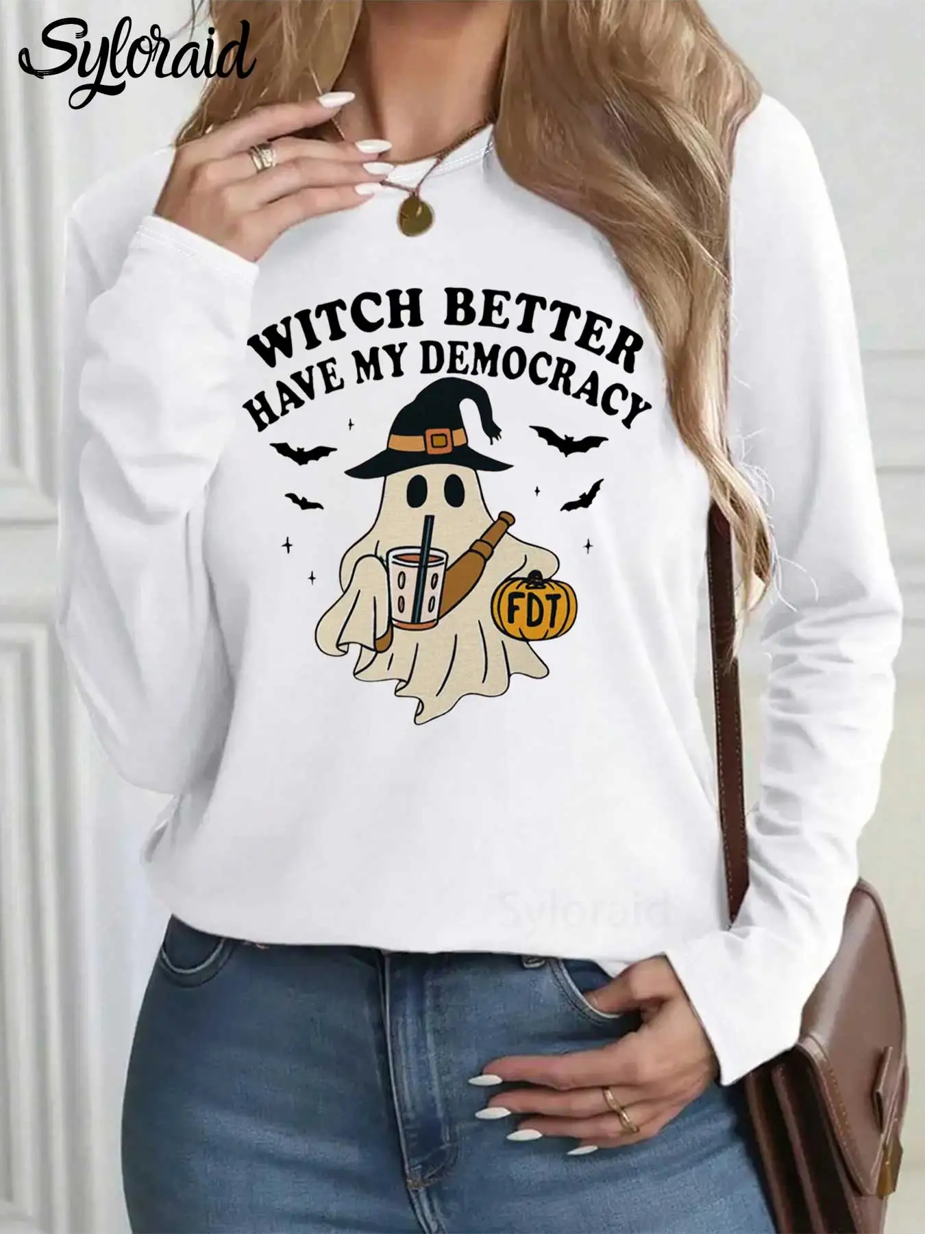 تي شيرت نسائي بأكمام طويلة، تي شيرت Witch Better Have My Democracy Print تي شيرت عصري برقبة دائرية كاجوال لجميع المواسم #1
