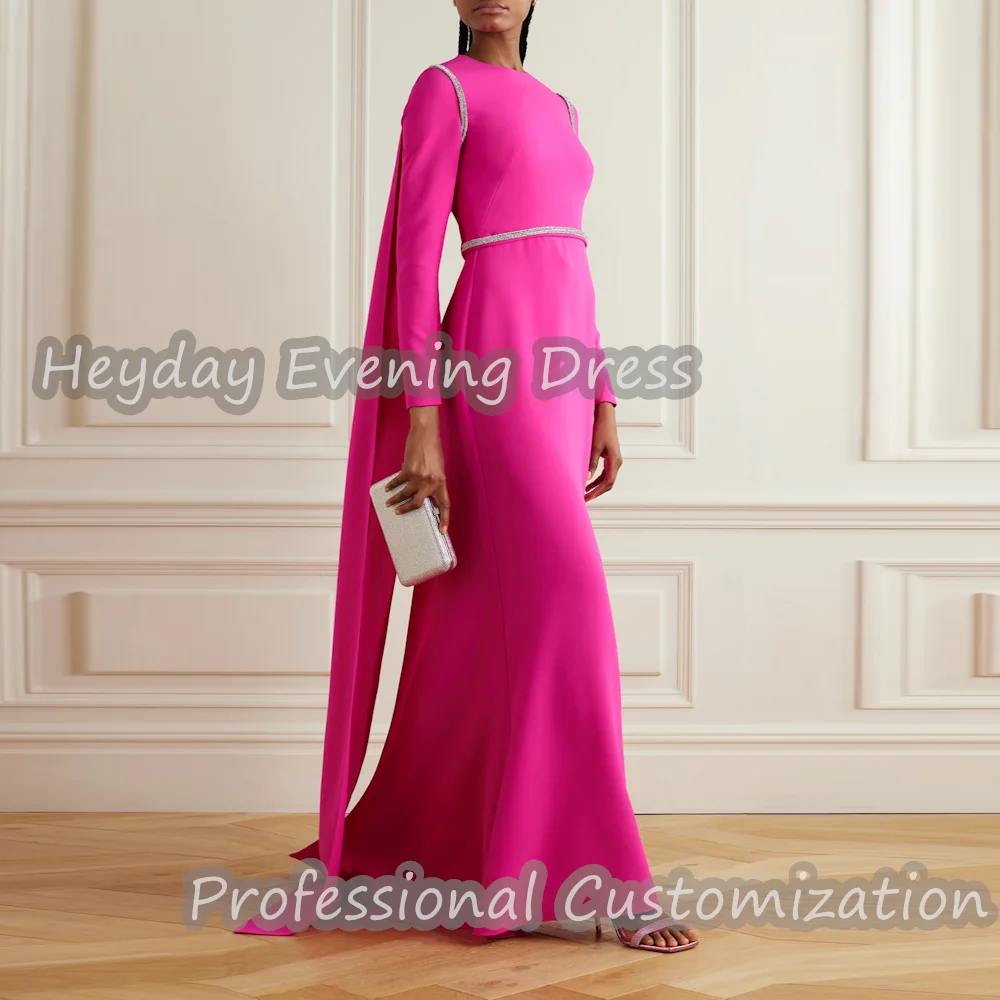 

Heyday O-Neck Saudi Long Sleeves Beaded A-Line Sexy Prom Gown Crepe Ruffle Floor Length Elegant Dresses For luxurious Women 2024