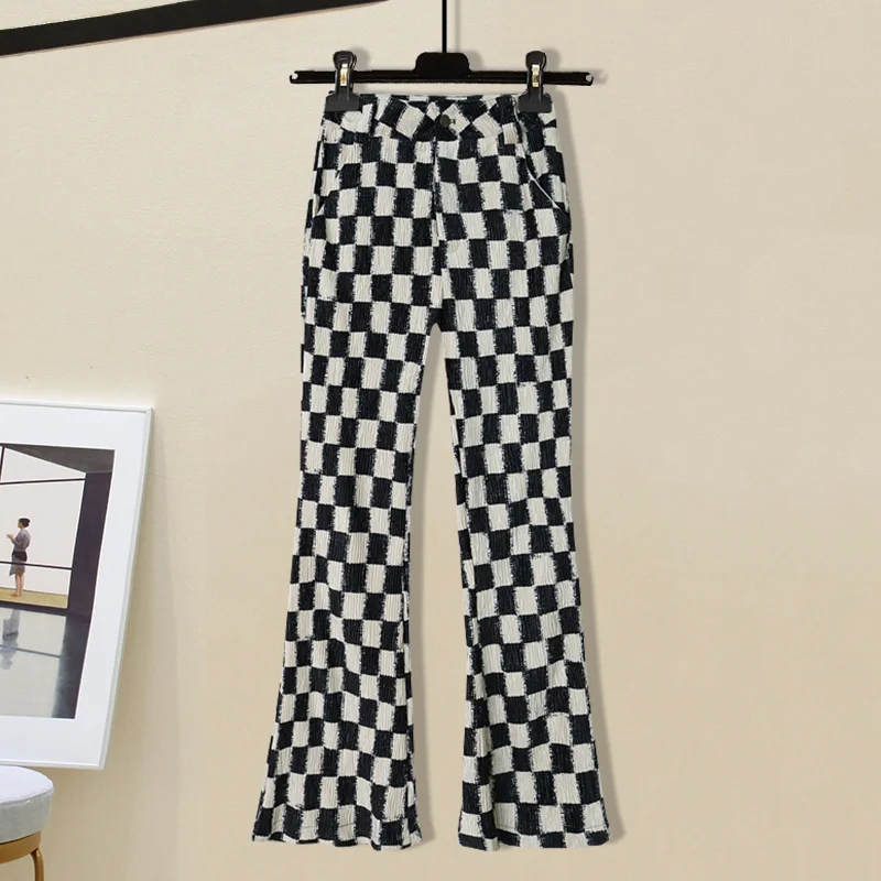 ชุดจั๊มสูทถักแบบเซ็กซี่และกางเกงลำลองลายตารางหมากรุก ชุดสองชิ้นสำหรับฤดูใบไม้ผลิ สไตล์สตรีทแวร์สุดอินเทรนด์สำหรับสาวๆ