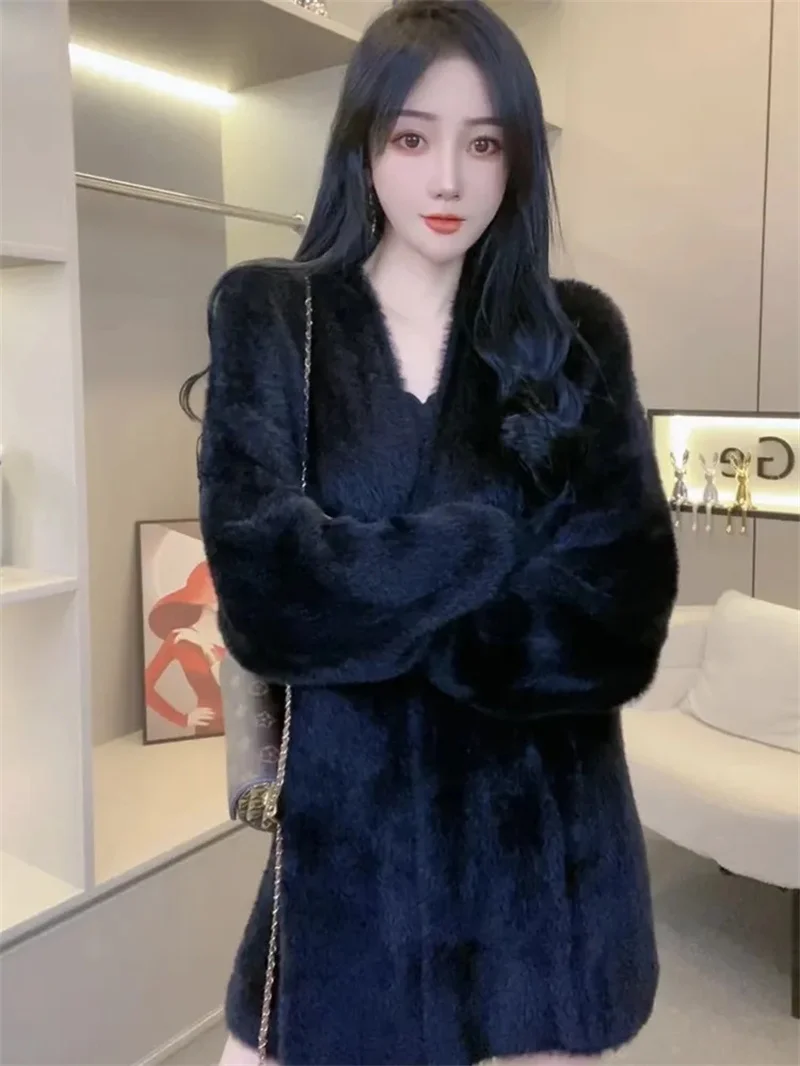 Women Outerwear 2024Autumn/Winter Mink fur Imitation Medium Long Jacket Female Sweater Loose Korean Gentle Knitted Cardigan Coat