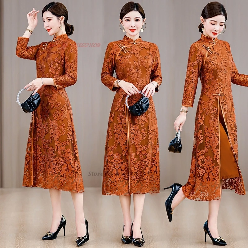 2026 vietnam traditional dress ao dai vintage lace flower improved cheongsam oriental stage qipao party banquet evening dress