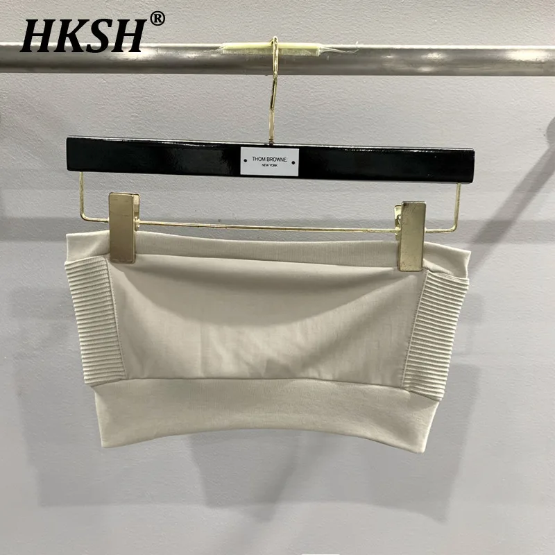 

HKSH Women Tide Summer Spring New RO Style Elastic Rib Flat Corner Dark Solid Color Knitted Spliced Camis Top Fashion Y2K HK3979