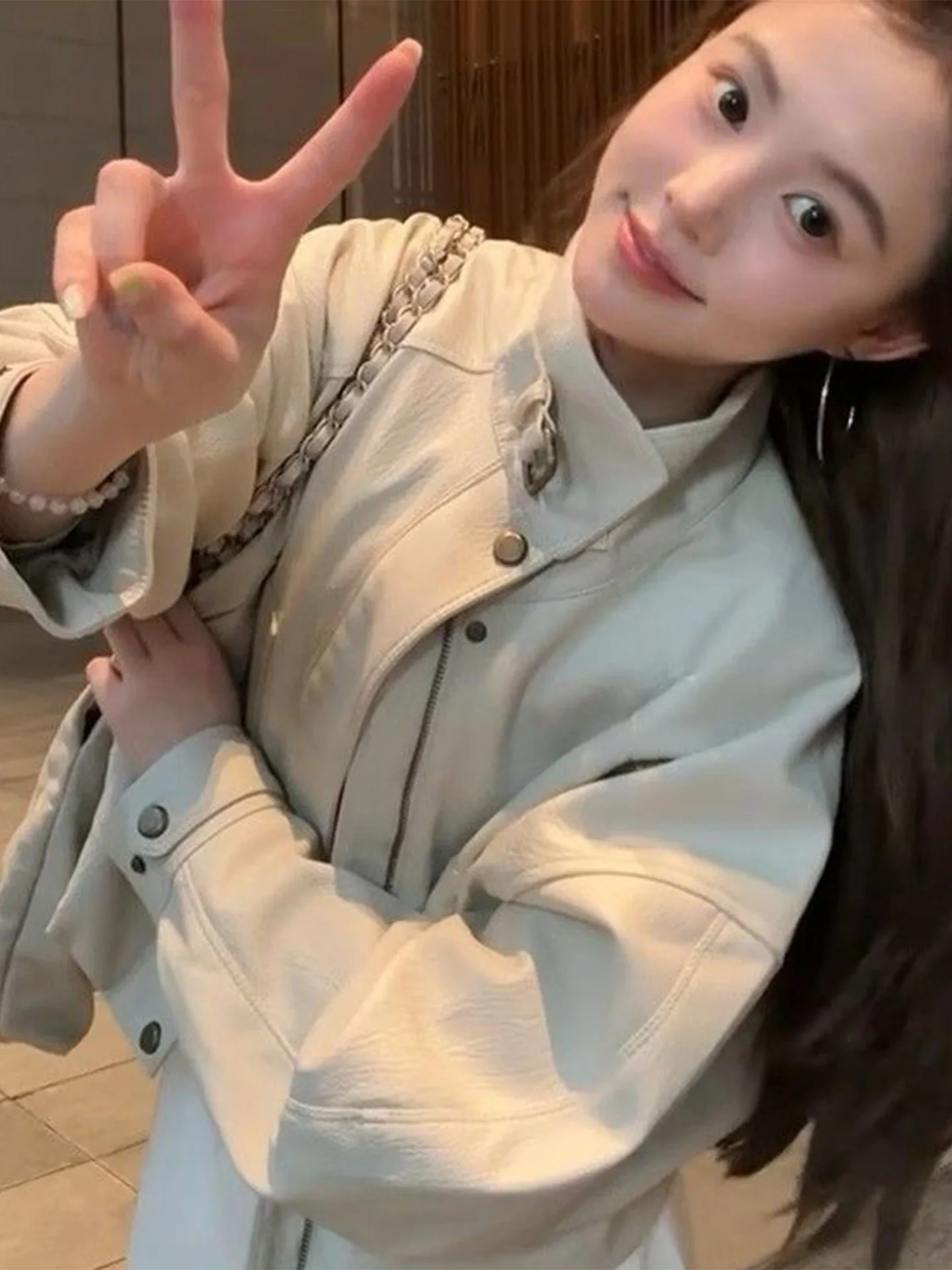 Damen-Lederjacke im Biker-Stil für Frühling und Herbst, Modische Hochgeschnittene Slim-Fit-Jacke mit Reißverschluss, Farbige Casual-Oberteil