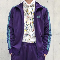 Purple Cotton Jacket Butterfly Embroidery+Webbing Track Stripe Coat Men Women Oversize Lapel Collar Zipper Long Sleeve