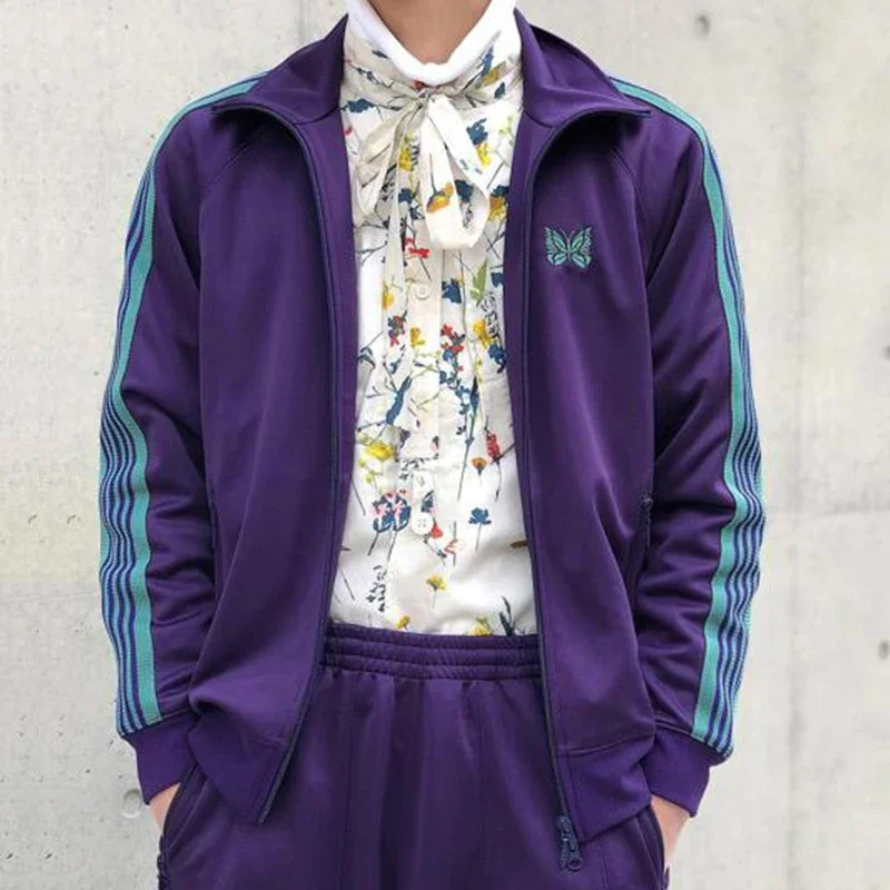 Purple Cotton Jacket Butterfly Embroidery+Webbing Track Stripe Coat Men Women Oversize Lapel Collar Zipper Long Sleeve