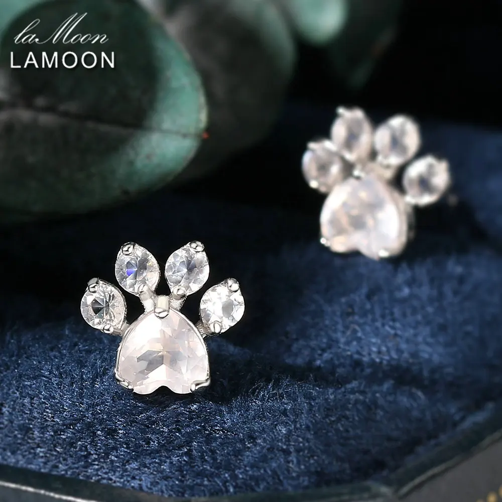 LAMOON Big Sale Cute Cat Paw Natural Quartz Stud Earring For Women Gemstone Earring 925 Sterling Silver White Gold Plated EI059