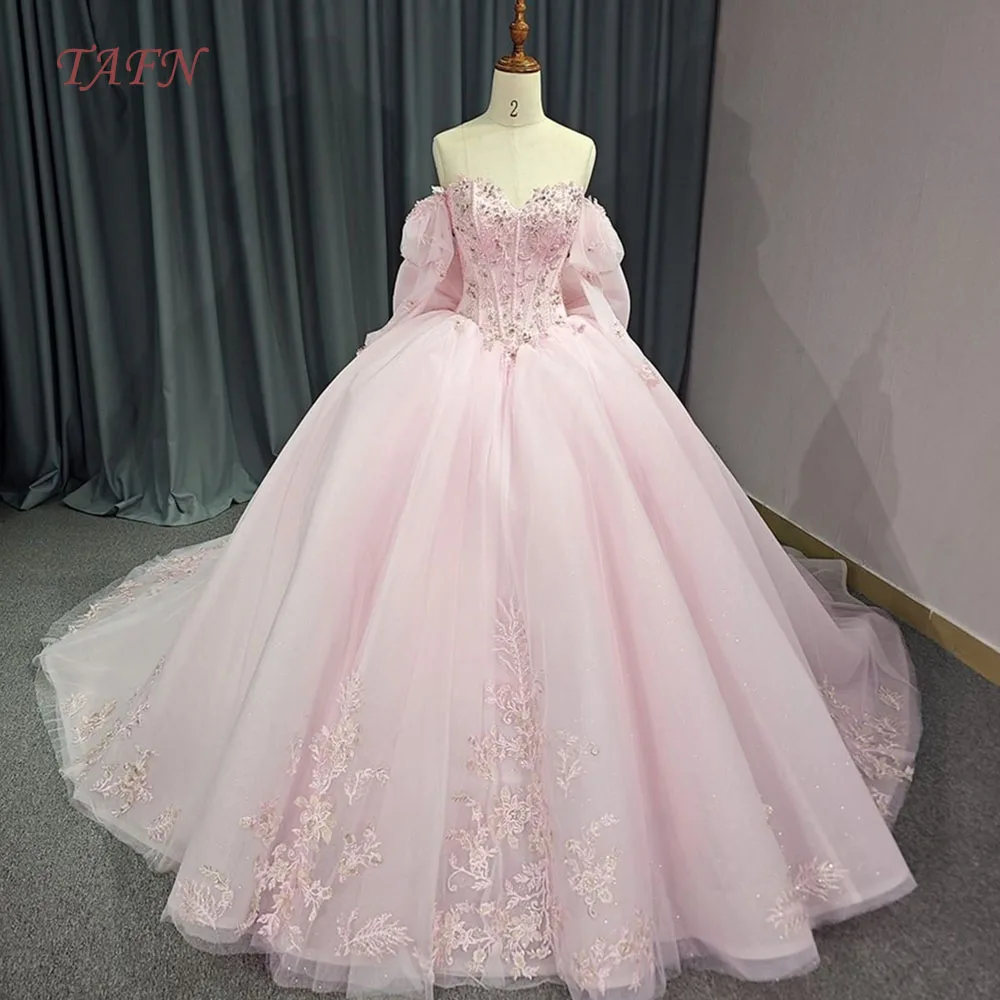 

TAFN Princess Pink Quinceanera Dresses Sweetheart Collar Off the Shoulder A-line Ball Gown Floral Appliques Lace-up Big Bow