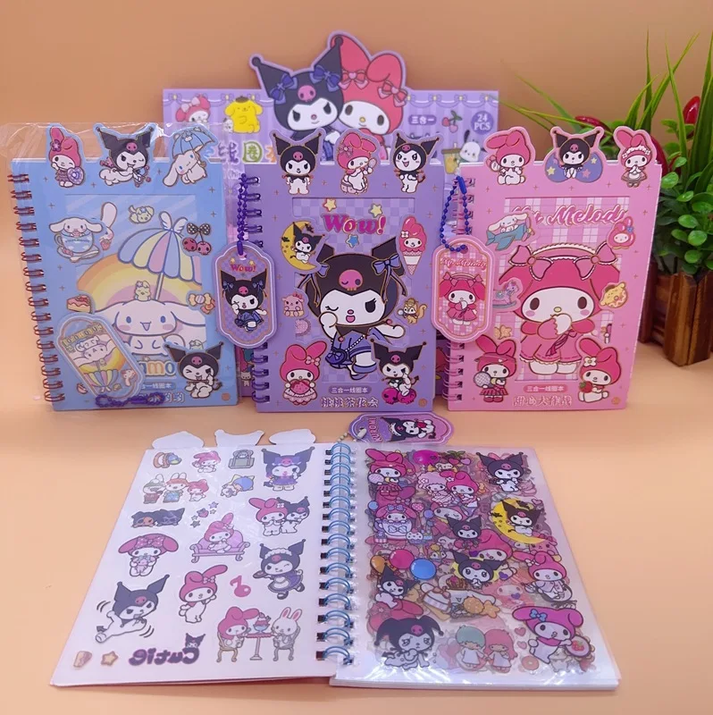 24pcs Sanrio Stickers Notebook Coil Book Kuromi Melody Cinnamoroll Student Handbook Material Sticker Notepad Stationery Kids Toy