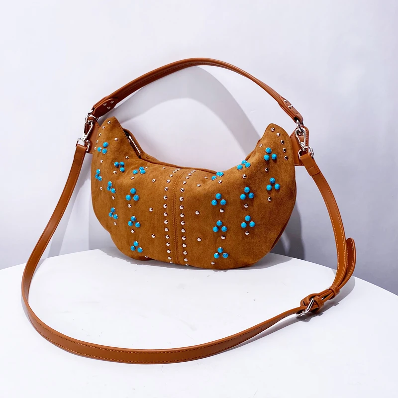 Half Moon Faux Suede Underarm Bags For Women Luxury Designer Handbags Purses 2024 New In Vintage Rivet Pearl Shoulder Crossbody