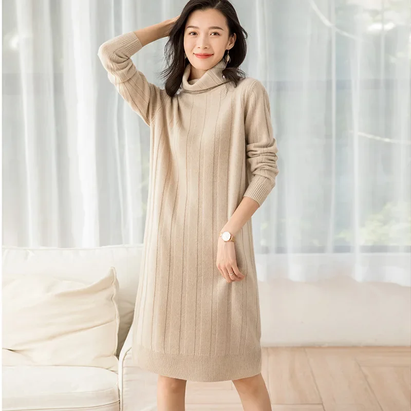 softness 100% cashmere turtleneck dress women ribbed knitted casual winter warm pullovers