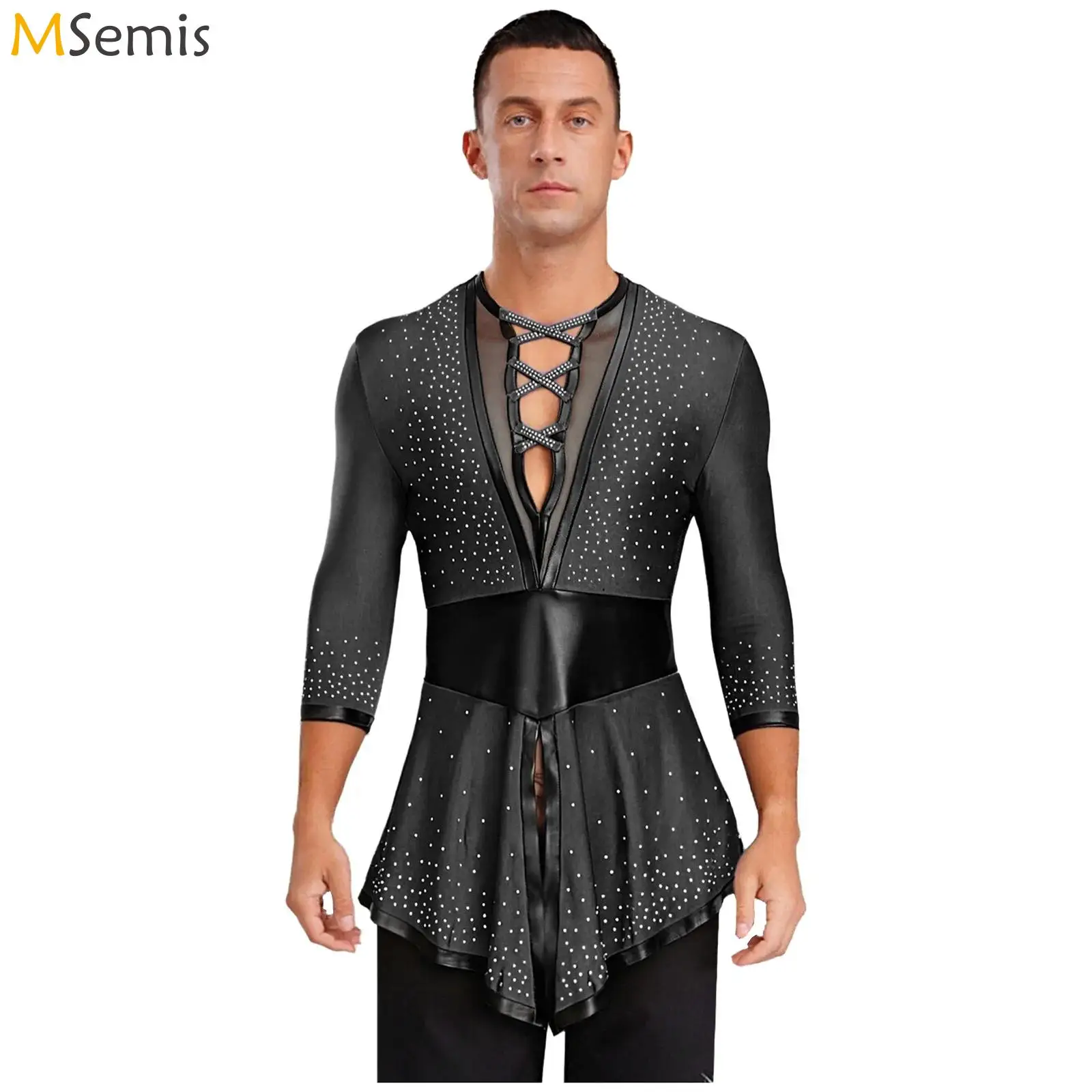 Mens Latin Dance Top Rhinestones Mesh Patchwork Long Sleeve Swallowtail Shirt Tops for Ballet Tango Flamenco Ballrooms Dancewear