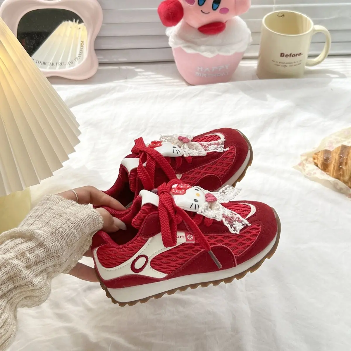 جديد سانريو مرحبا كيتي الفتيات الأطفال أحذية رياضية ربطة القوس فيونكة طفل أحذية تنس لينة أسفل الخريف احذية الجري أحذية رياضية عدم الانزلاق