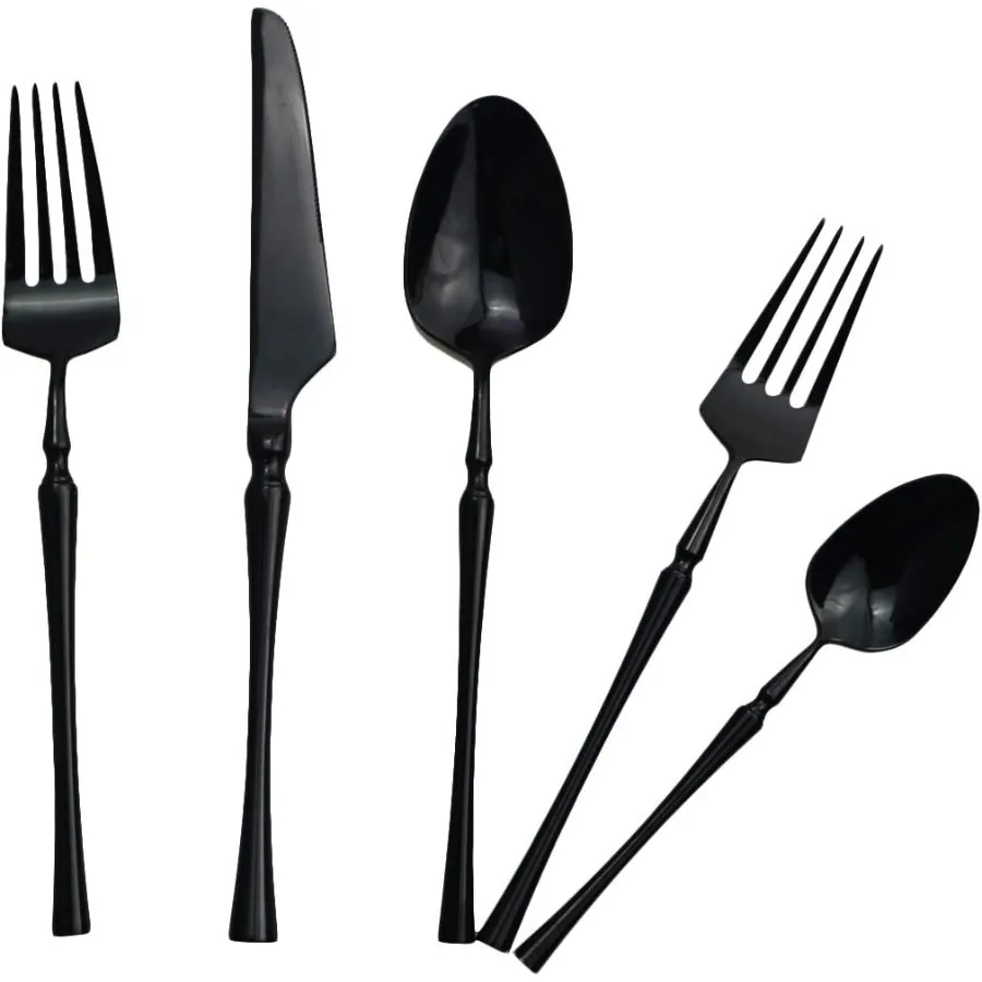 20 piece Black Flatware Set 304 Stainless Steel Fork Spoon Cutlery Luxury Mirror Polished Silverware Dishwasher Safe Service fo