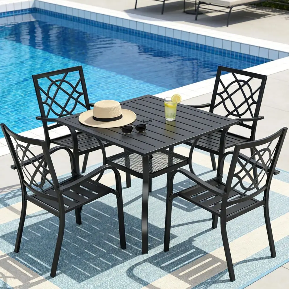 5-Piece Outdoor Wrought Iron Chairs and Table Patio Dining urniture Set - 4 Stackable Metal Chairs, 1 Steel Slat Bistro Table or