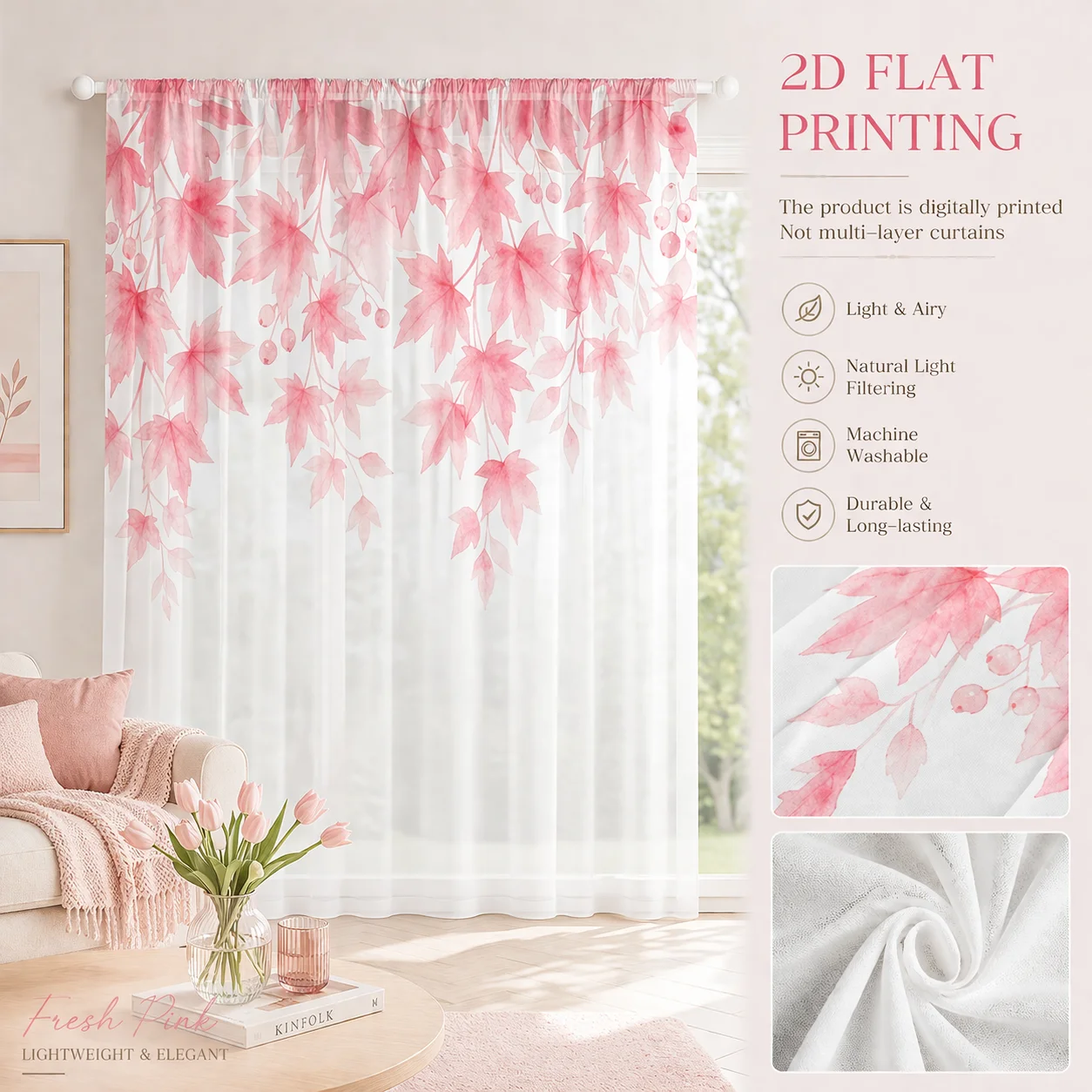 1Pc Pink Gradient Sheer Curtain,  Light Reducing Good Quality Privacy Voile for Living/Bedroom/Kids Room,Mother's Day Gift