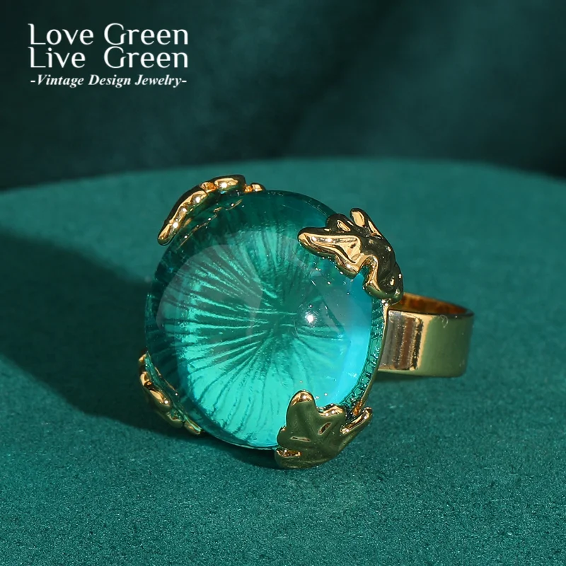 

Vintage Round Blue Rings For Girls Glass Cat Eye Gold Color Luxury Brands Jewelry 2025 Trending Woman Antique Accessories