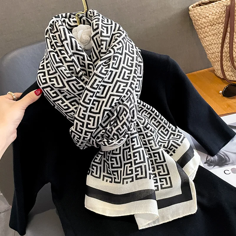 2024 New Women Fashion Foulard Designer Scarf Soft Cotton and Linen Feel Foulard Luxe Scarf Shawl Dual-use Thin Four Seasons