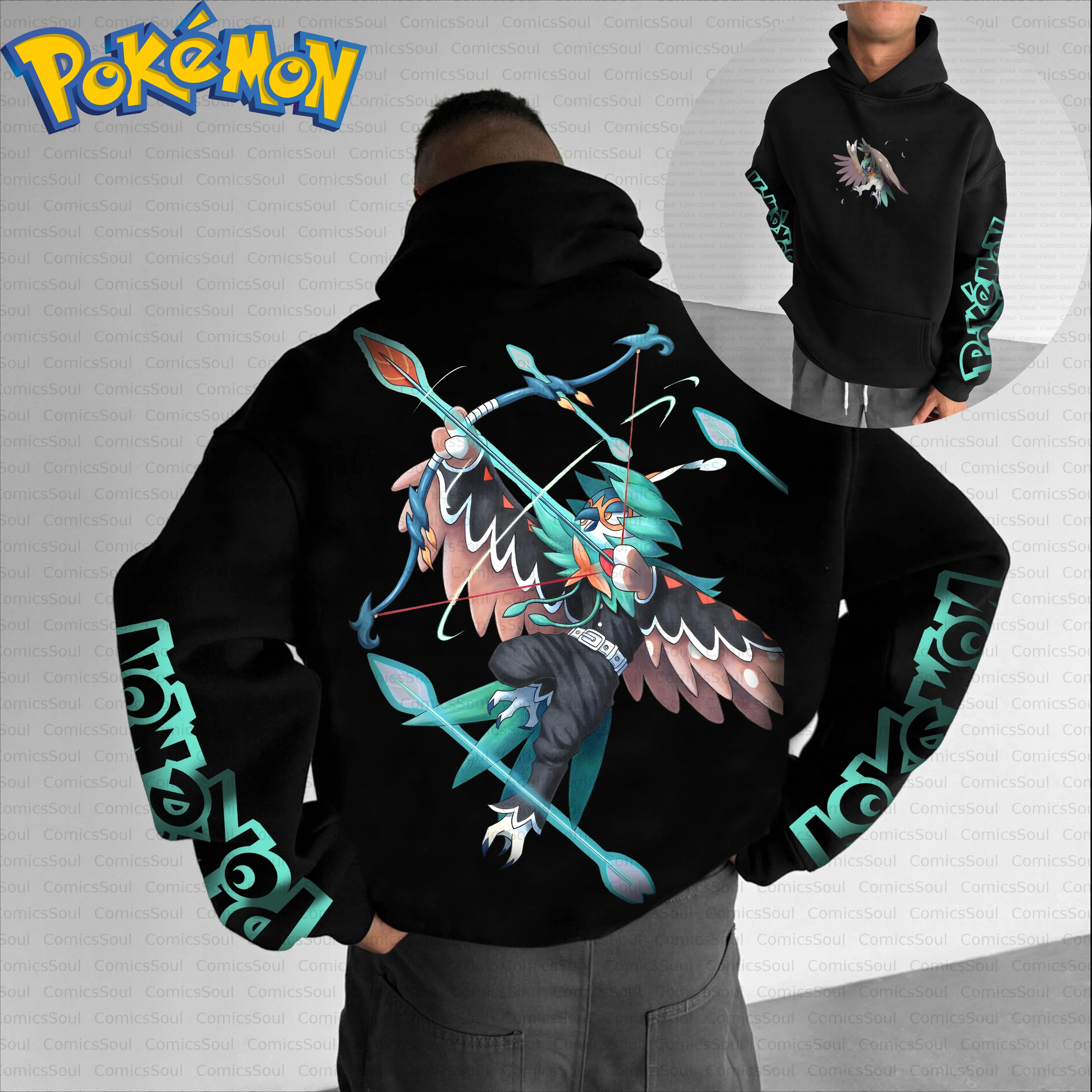 Novo algodão preto pokemon hoodie e calças harajuku conjunto com arco personagem volta impressão verde azul asas design e manga texto