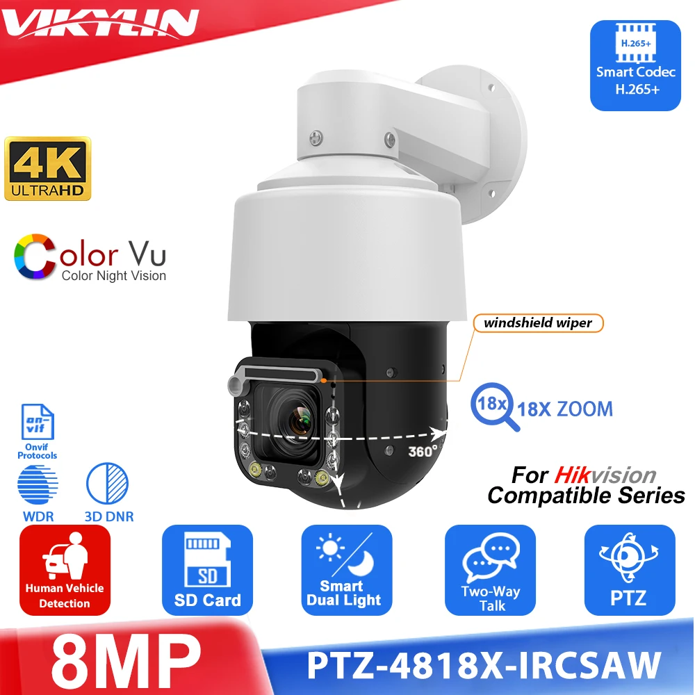 Vikylin 4K 8MP 18X Optical Zoom PTZ IP CameraFor Hikvision Compatible 4.7mm to 84.6mm Lens Outdoor Home CCTV Security Camera