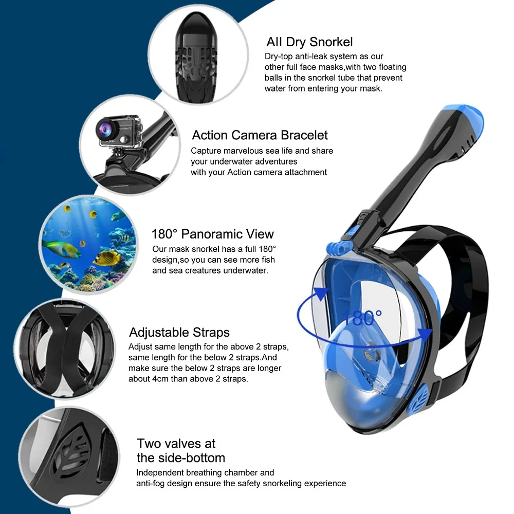 Full Face Snorkel Mask Anti-Leak Anti-Fog 180° Panoramic View with Camera Mount Safe Breathing Diving Mask for Adults and Youths