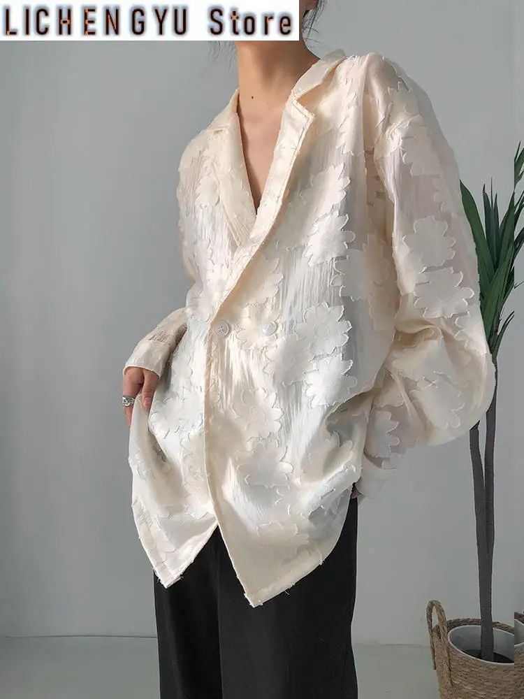 

Women Beige Jacquard Embroidery Big Size Blouse New Lapel Long Sleeve Loose Fit Shirt Fashion Spring Autumn