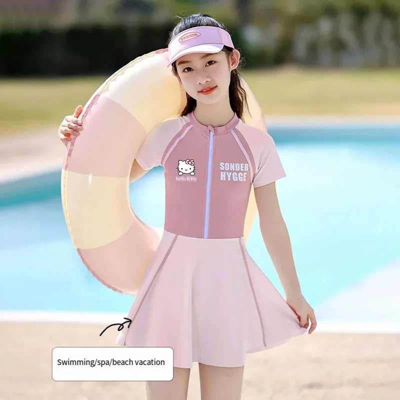 Anime Sanrios Swimwear Hello Kittys Cinnamoroll Girl Swimwear Kids Skirt Beach Clothes Summer Girls Swimsuit Underwear Quick Dry