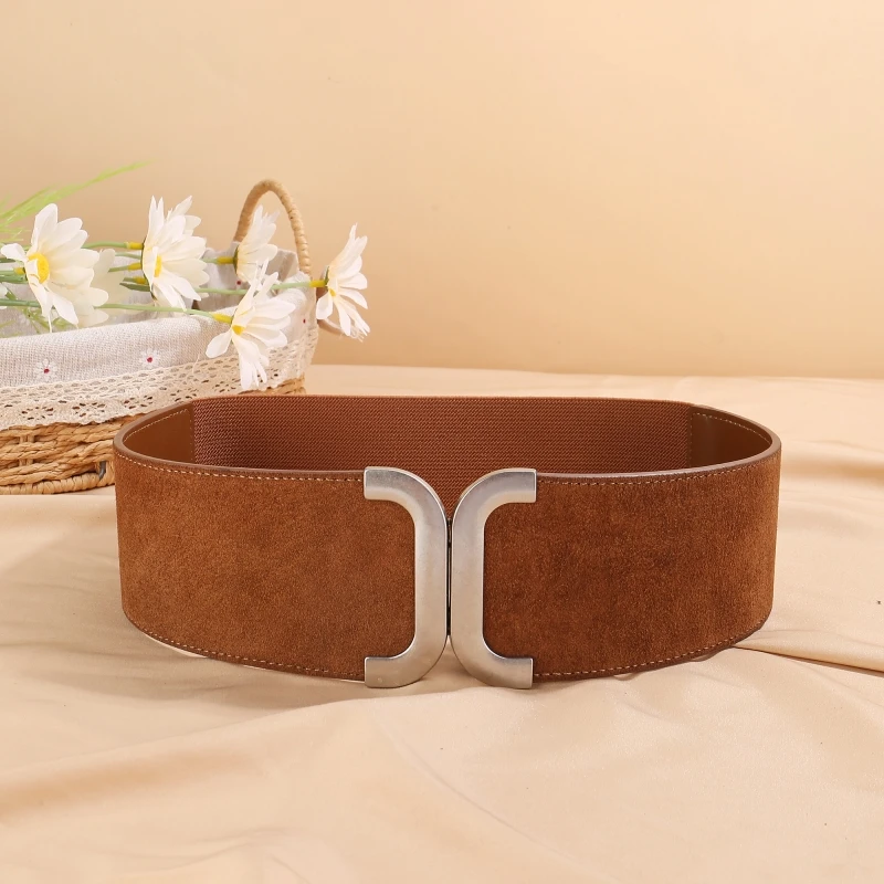 Fashion Women’s Elastic Belt Genuine Leather Cowhide Suede Wide Waist Cinch Stretch Belt for Dress Overcoat Decoration