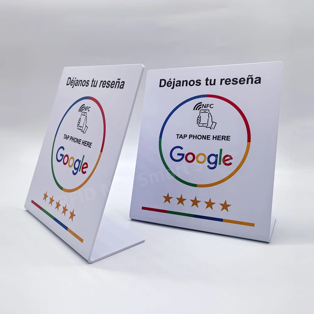Déjanos tu reseña NFC Google Review NFC Stand Display Table Display URL Writing Social Media Business Review Card
