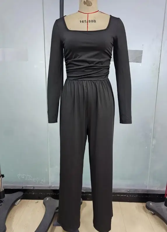 جمبسوت حريمي لخريف وشتاء 2025 جمبسوت أسود بأكمام طويلة جمبسوت بسيط غير رسمي برقبة مربعة أنيق بأرجل واسعة #5