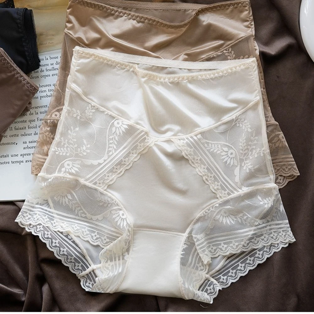 Elastische Süße Satin Eis Seide Höschen Ultradünne Baumwolle Schritt Spitze Nahtlose Slips Weiche Mesh Blume Hohe Taille Unterwäsche Frauen