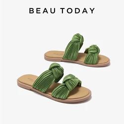 BEAUTODAY Casual Slippers Fabric Solid Double Straps Designer Knot Low Heel 2024 Summer Beach Ladies Flat Shoes Handmade 36321