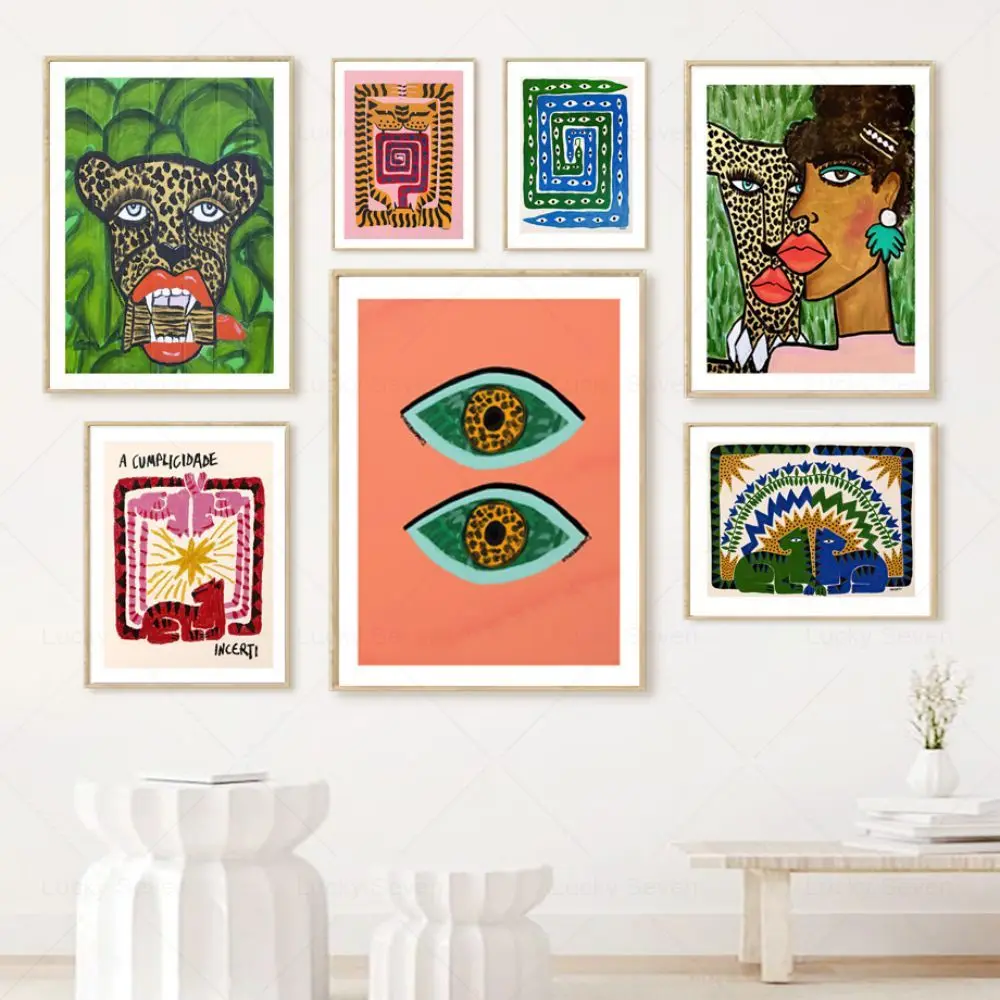 Scandinavian Classic Vintage Ancient Egypt Colorful Abstract Wall Art Woman Tiger Leopard Poster For Living Room Home Decoration